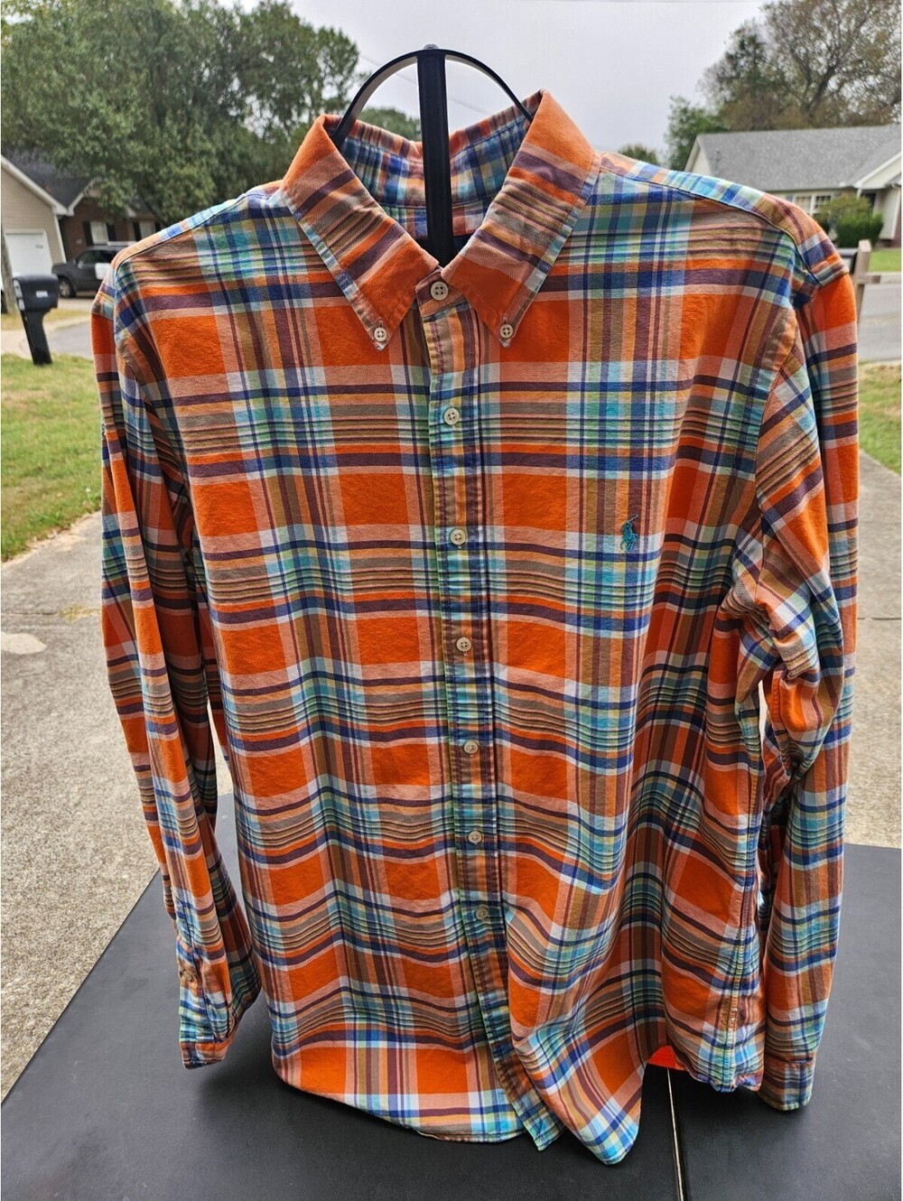 Polo Ralph Lauren Shirt Men’s XL Orange Blue Plaid Long Sleeve Button Down